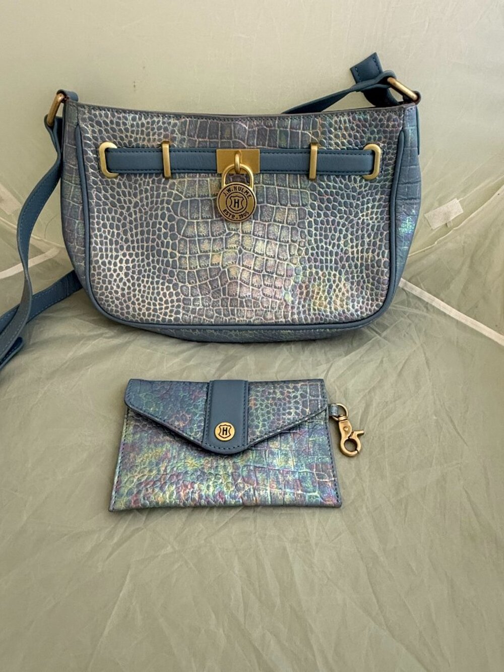 J.W. Hulme Iridescent Croc Embossed Leather Crossbody Bag + Matching Wallet